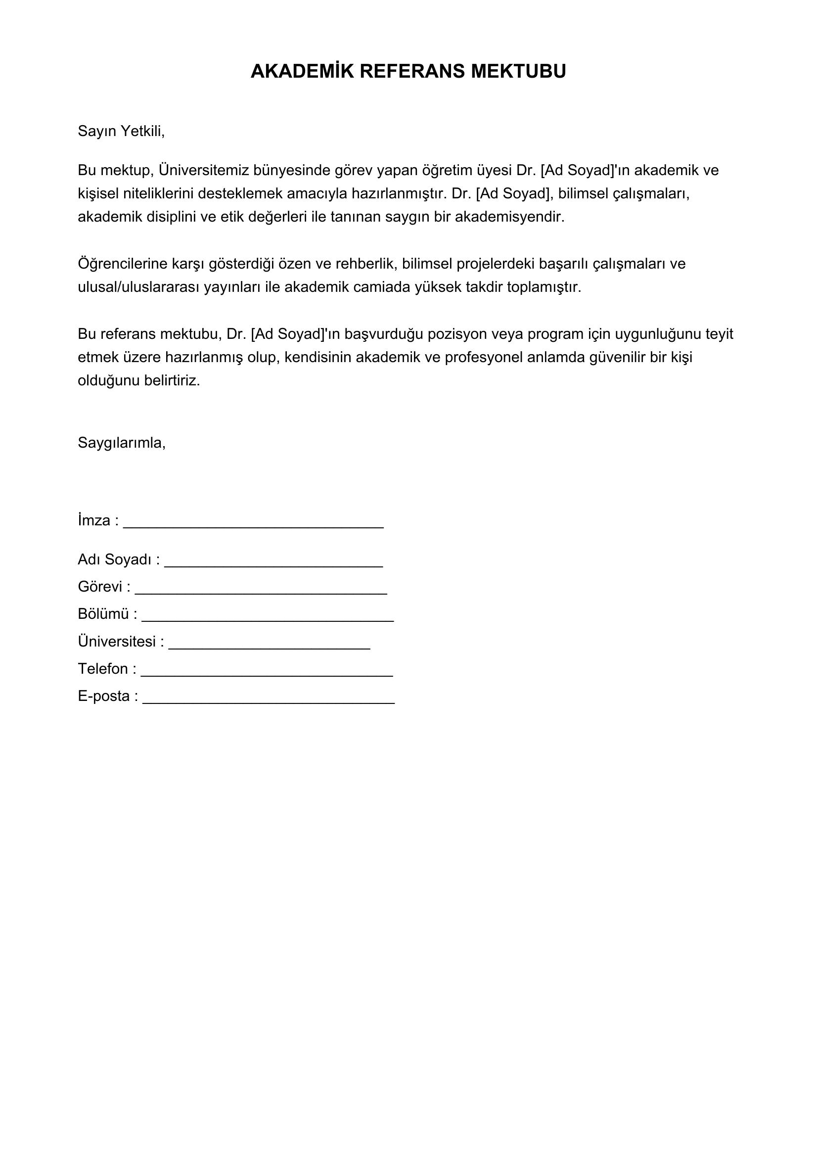 Akademik Referans Mektubu Örneği