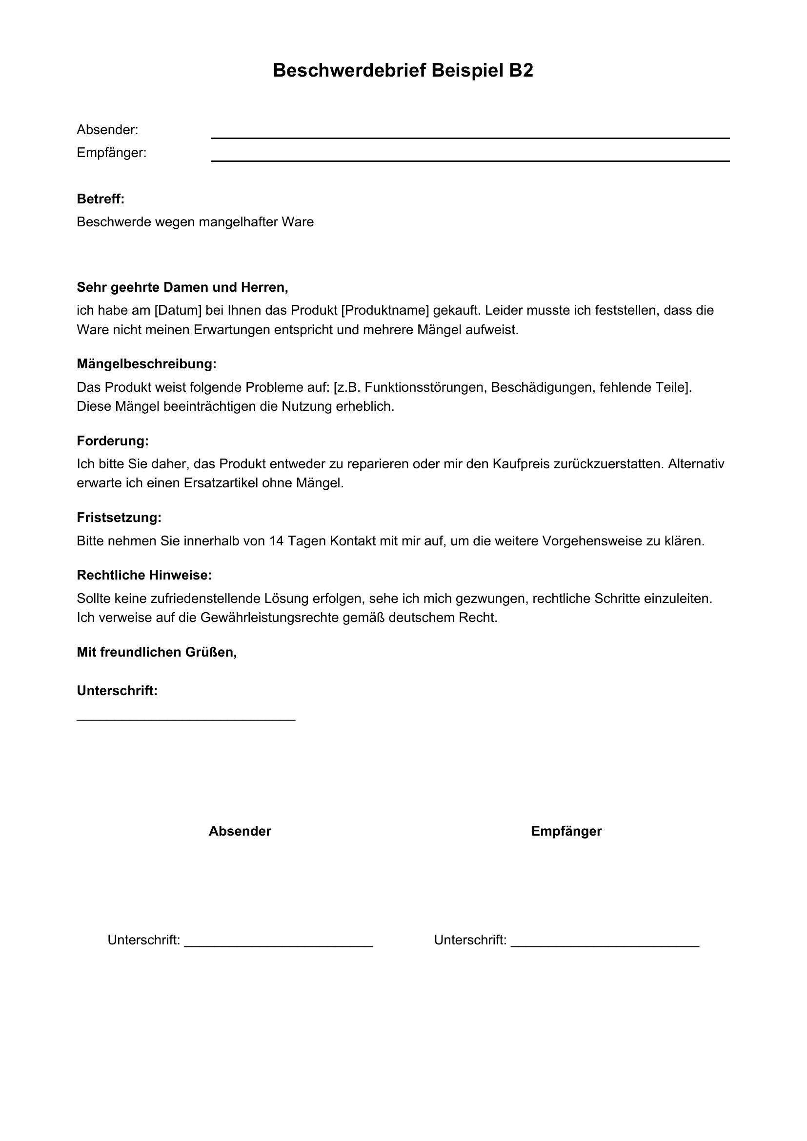 Almanca Şikayet Mektubu Örneği B2