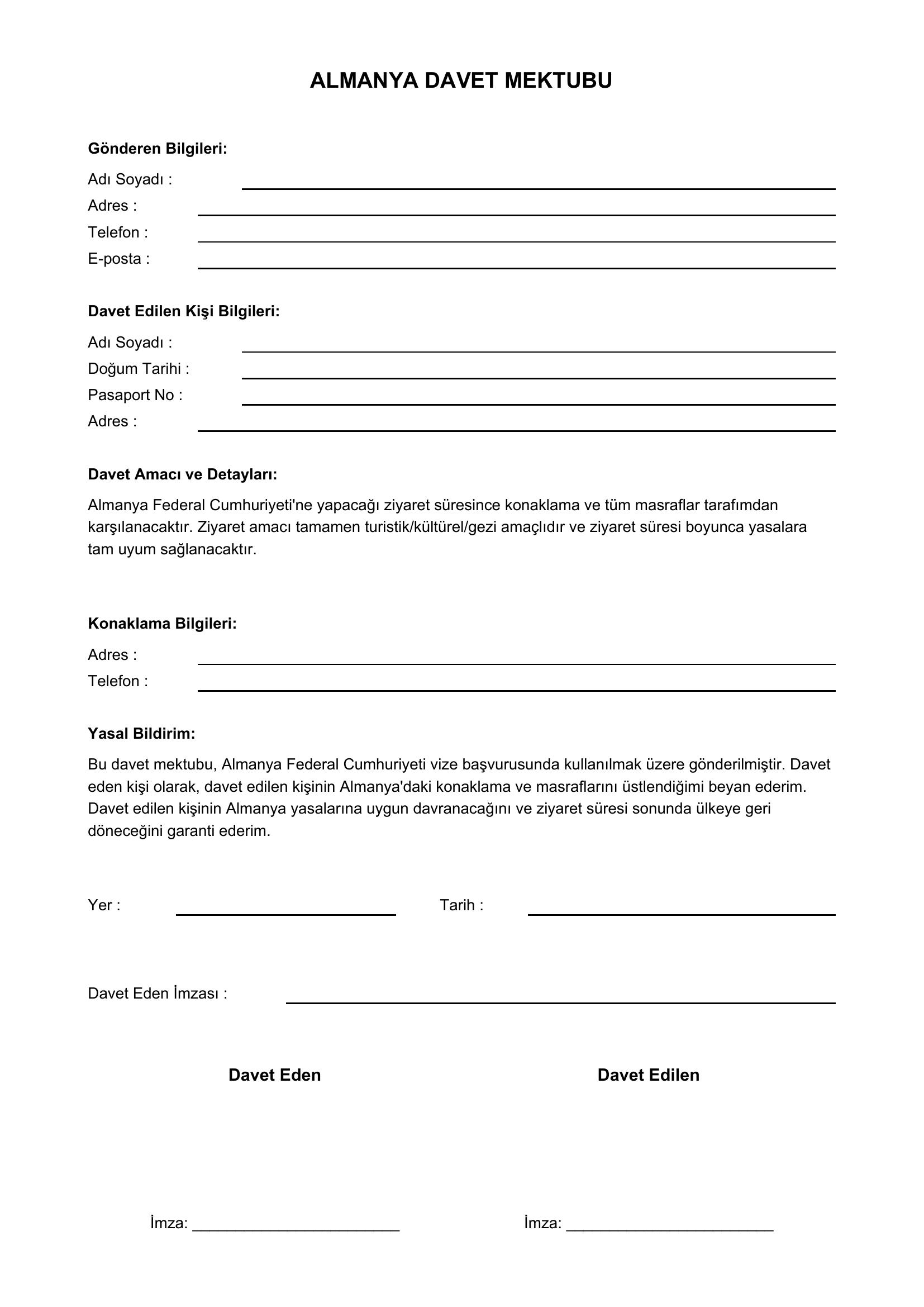 Almanya Davet Mektubu Örneği