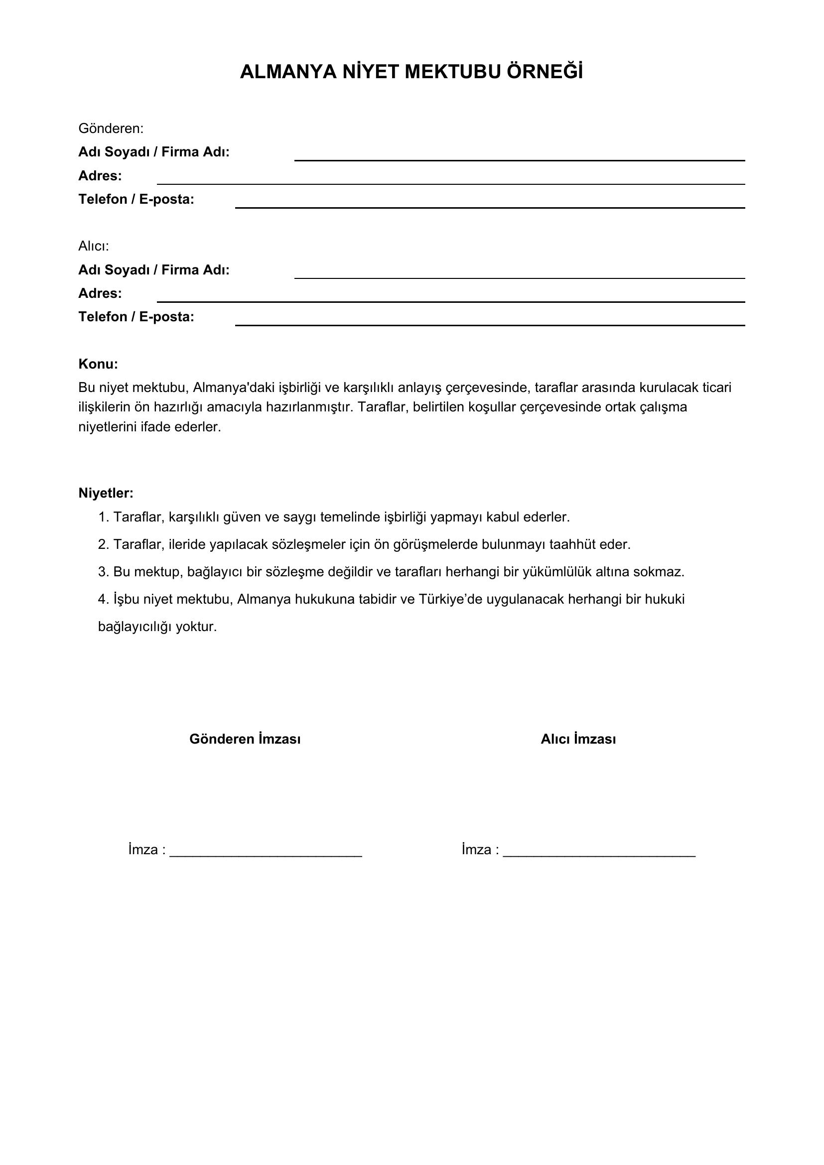 Almanya Niyet Mektubu Örneği