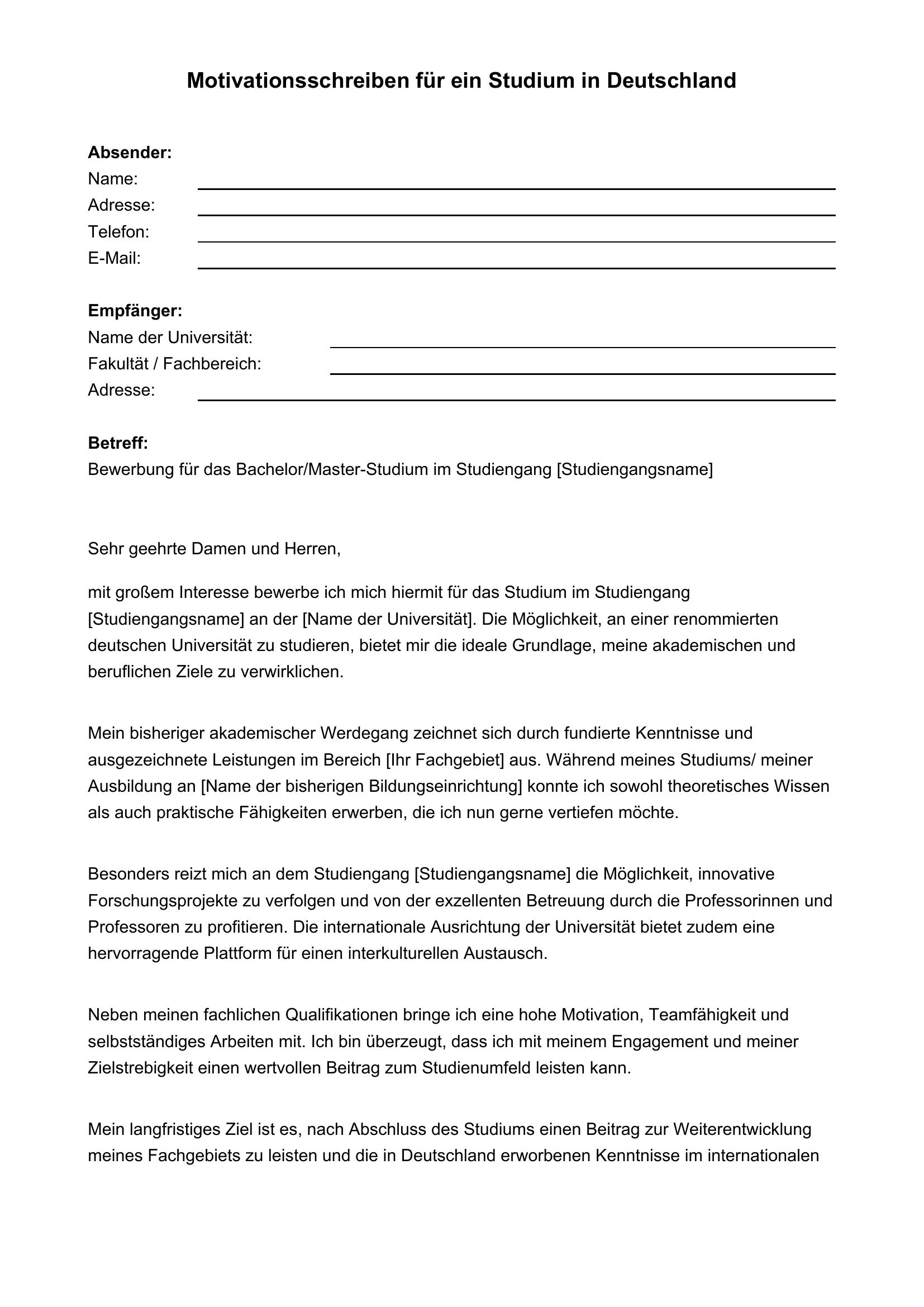 Almanya Üniversite Motivasyon Mektubu Örneği