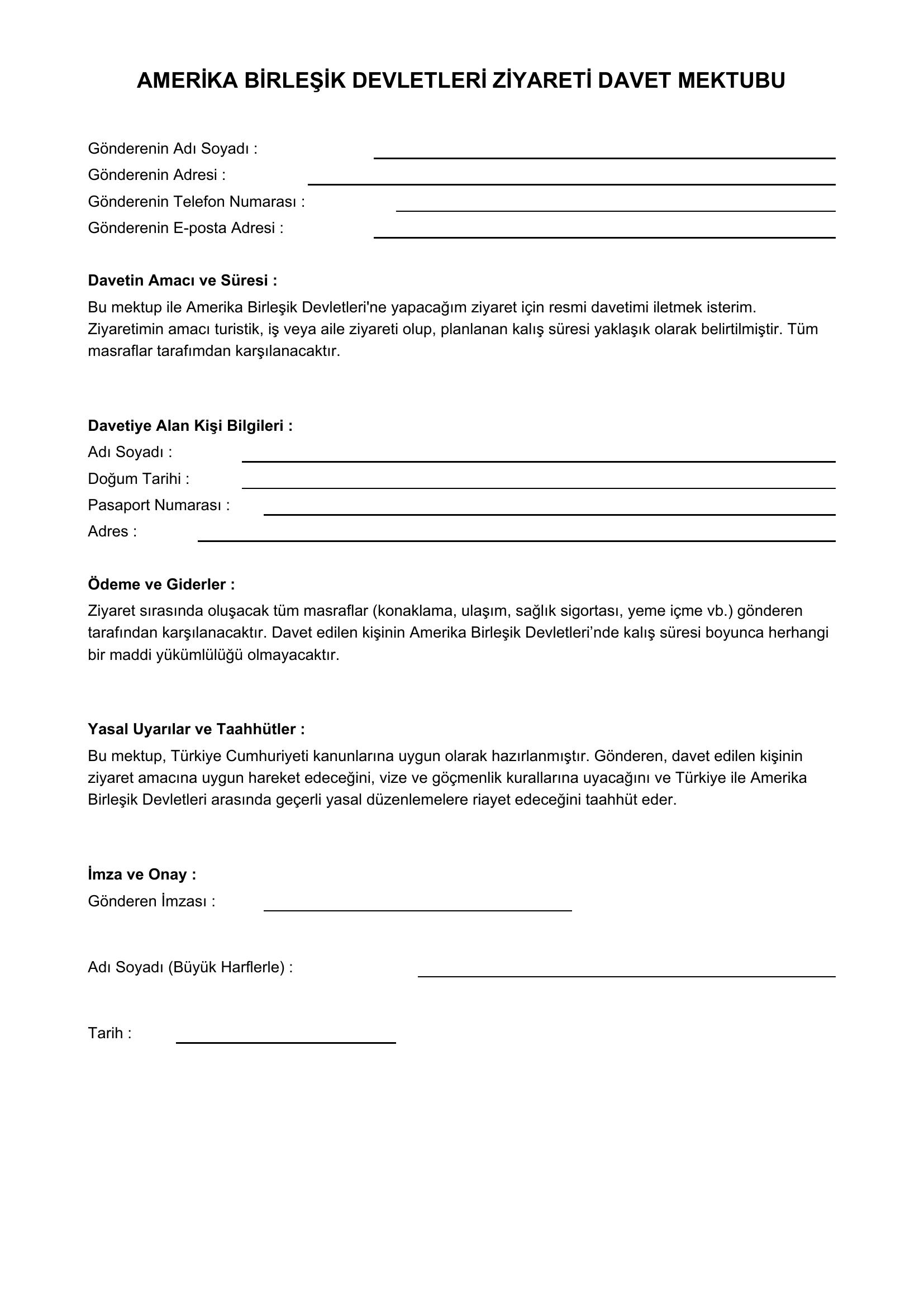 Amerika Davet Mektubu Örneği