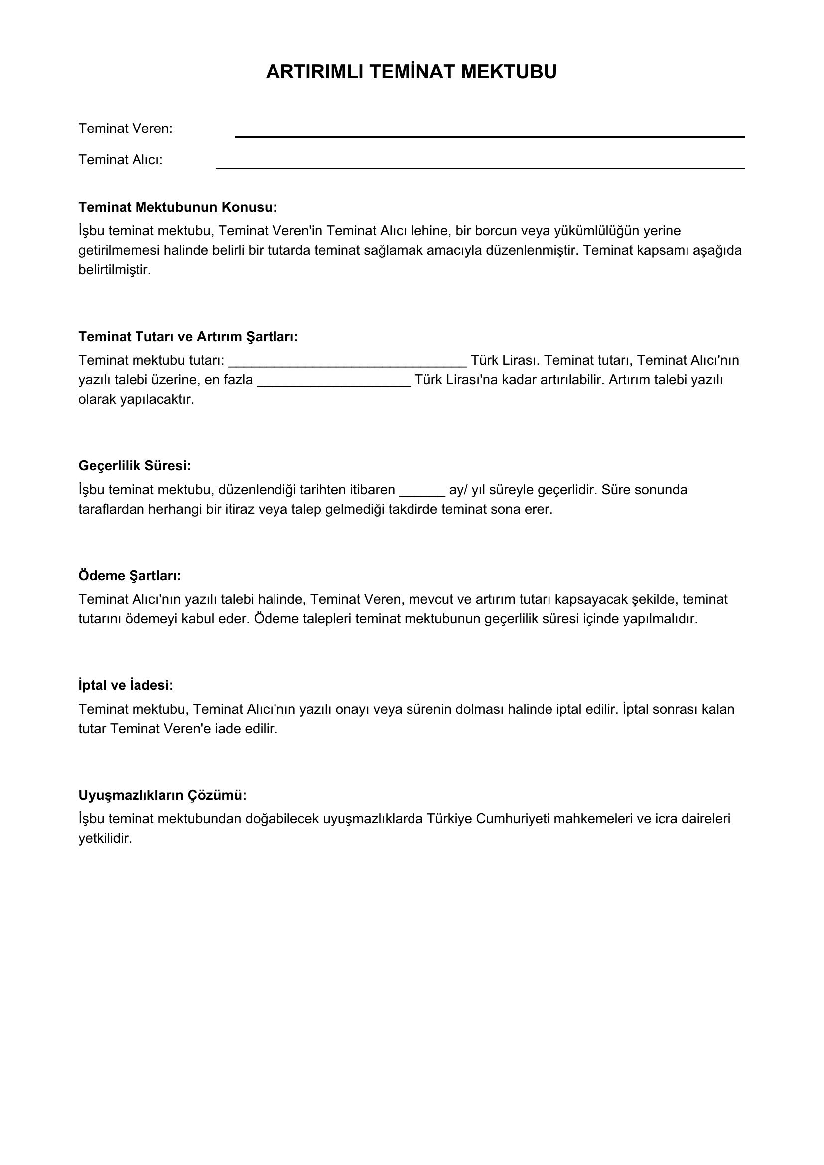 Artırımlı Teminat Mektubu Örneği