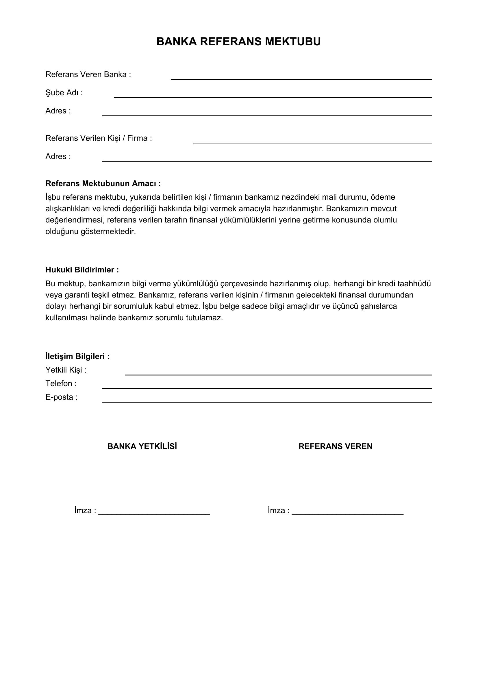 Banka Referans Mektubu Örneği
