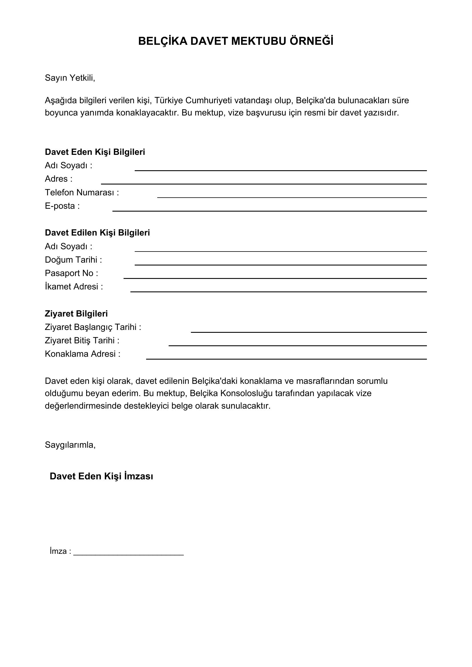 Belçika Davet Mektubu Örneği