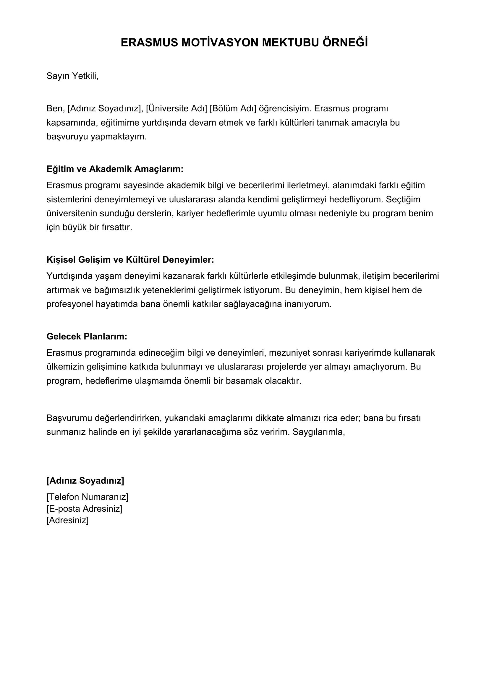 Erasmus Motivasyon Mektubu Örneği