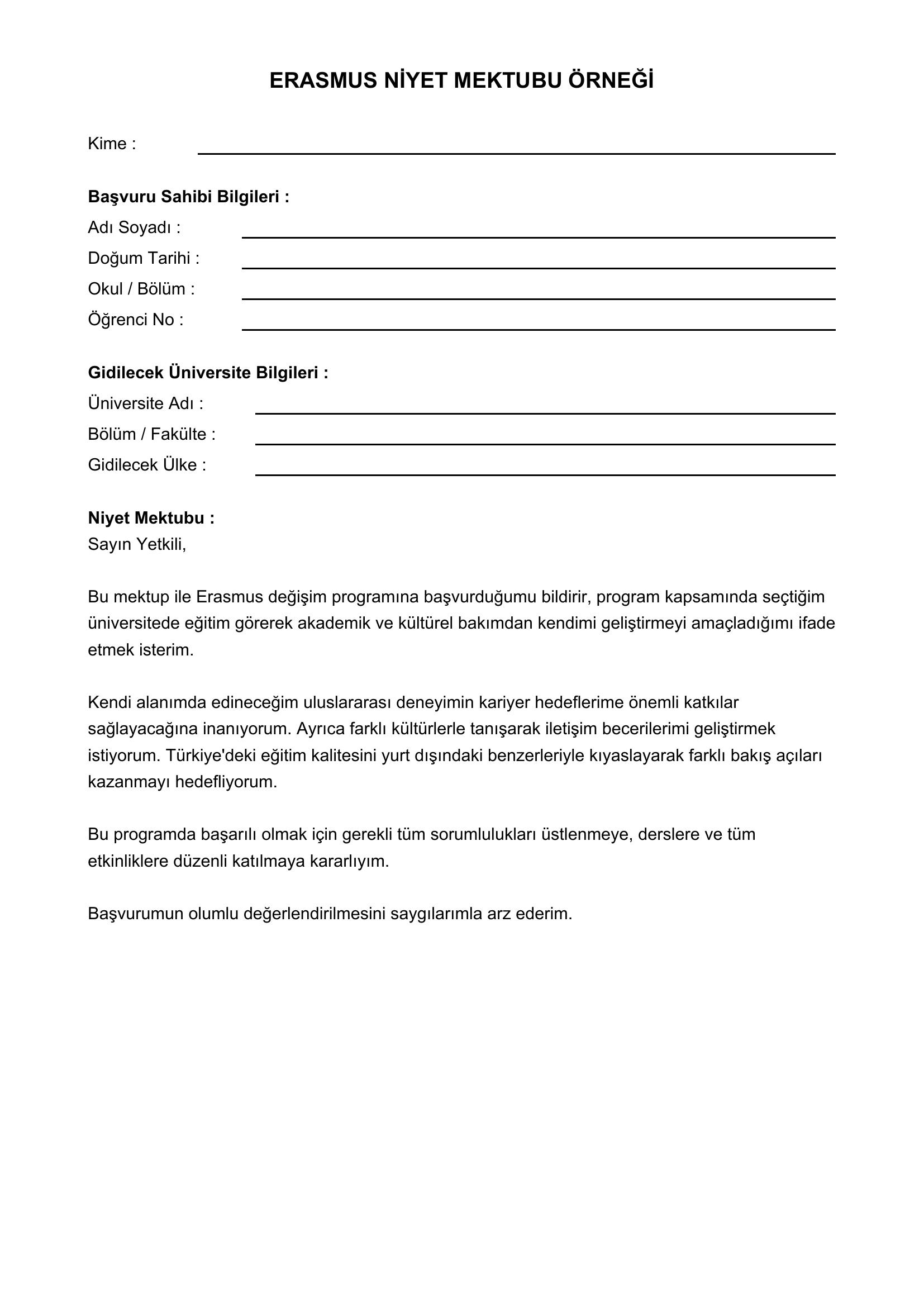 Erasmus Niyet Mektubu Örneği