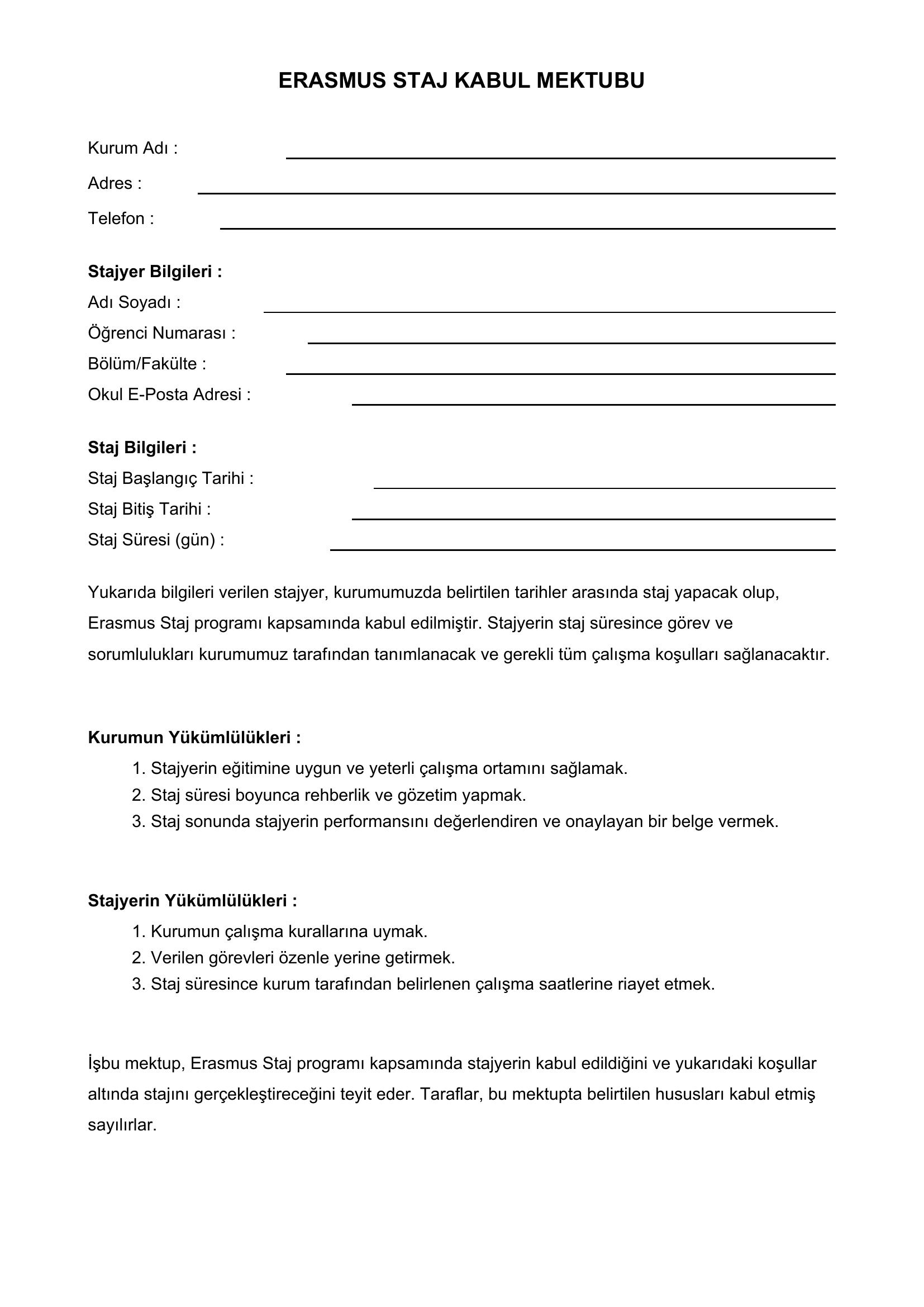 Erasmus Staj Kabul Mektubu Örneği
