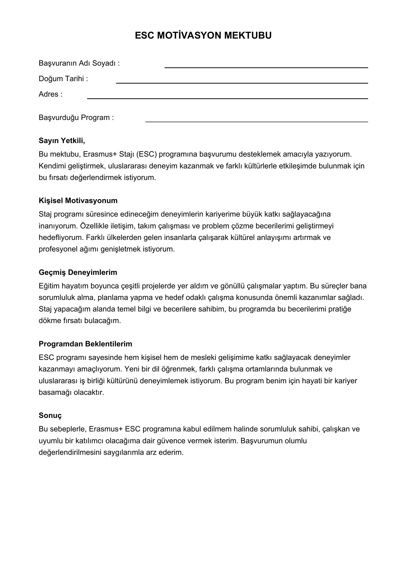 Esc Motivasyon Mektubu Örneği