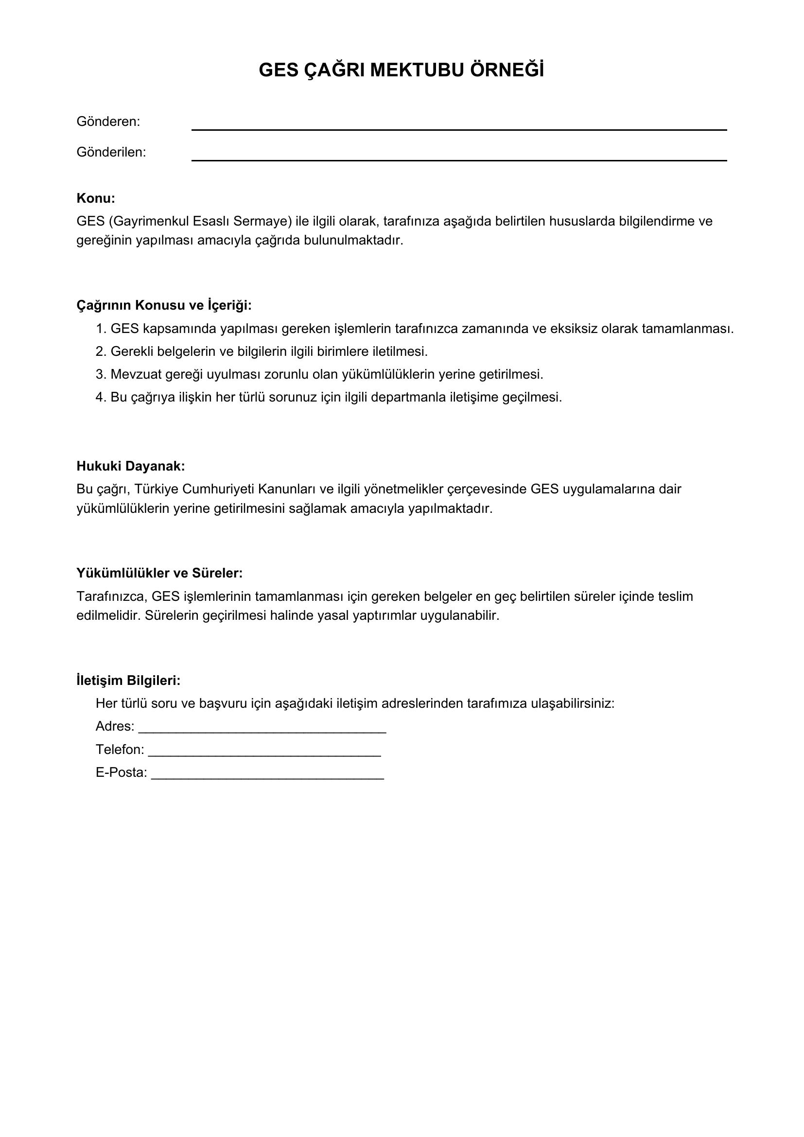 Ges Çağrı Mektubu Örneği
