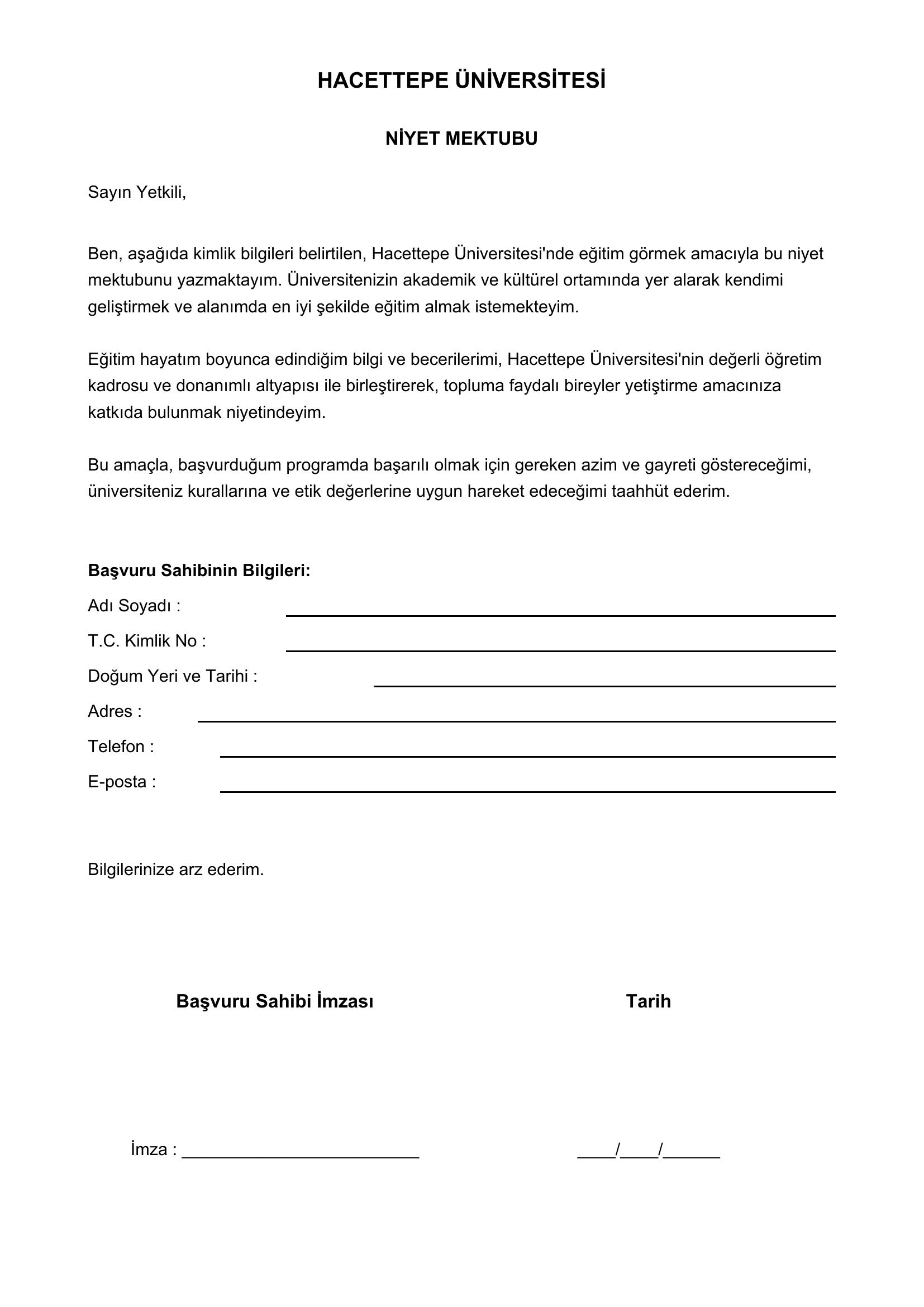 Hacettepe. Niyet Mektubu Örneği