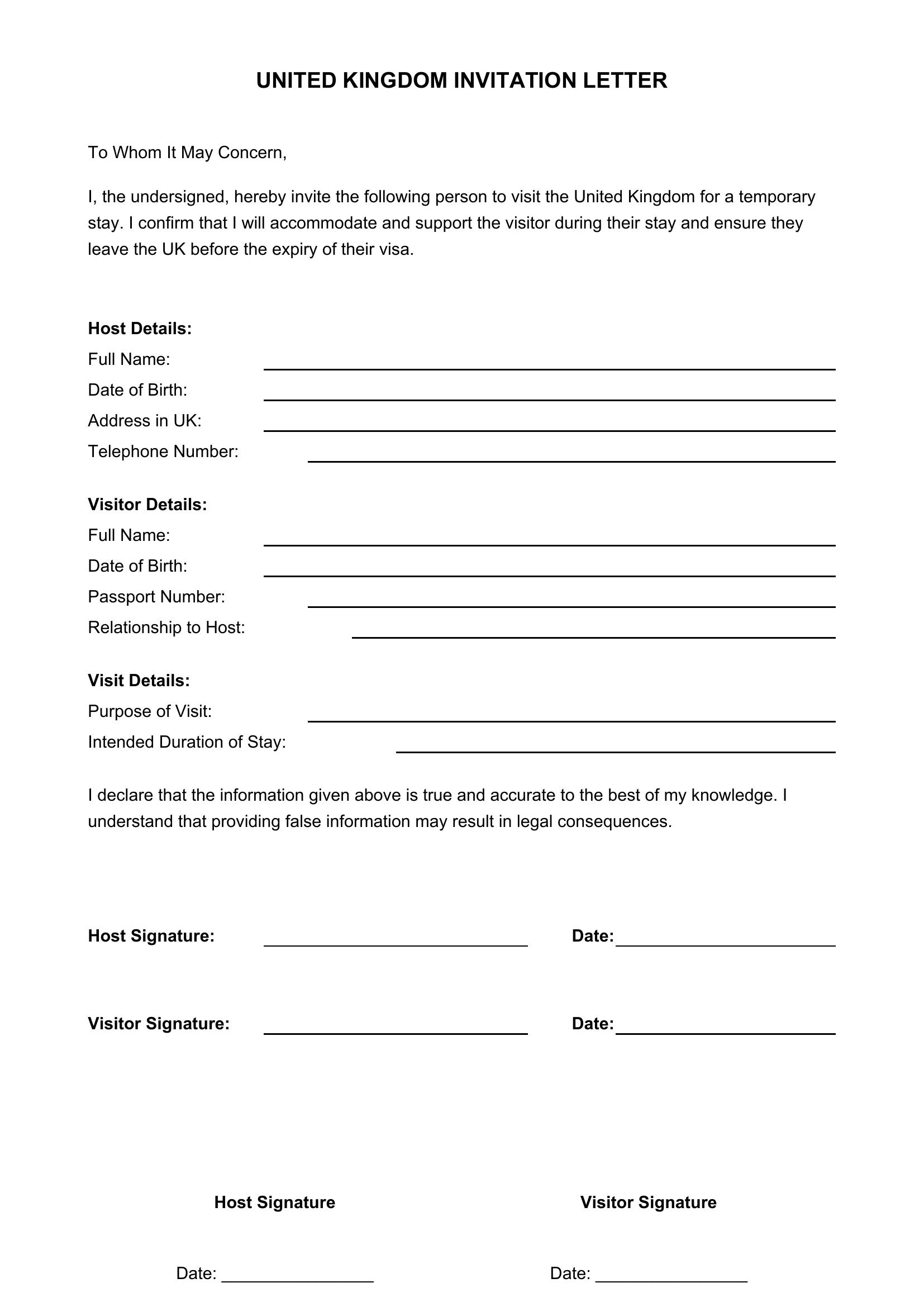 Ingiltere Davet Mektubu Örneği