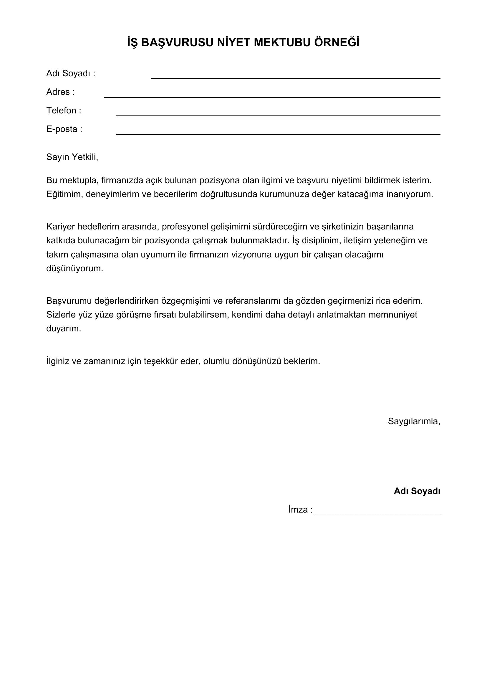 Iş Başvurusu Niyet Mektubu Örneği