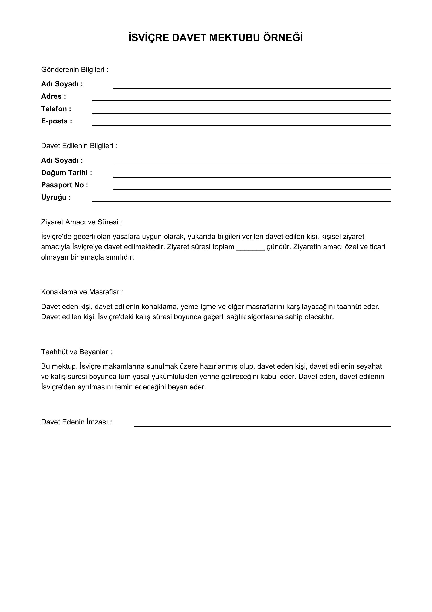 Isviçre Davet Mektubu Örneği