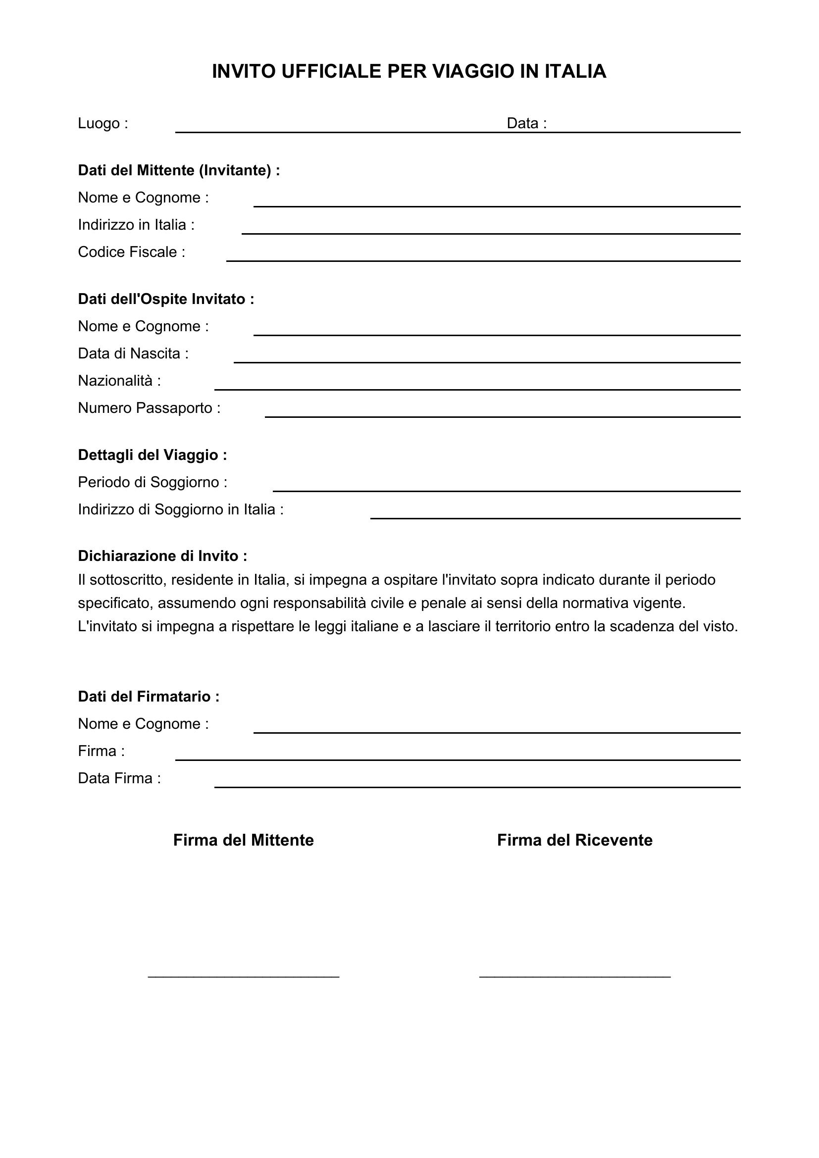 Italya Davetiye Mektubu Örneği