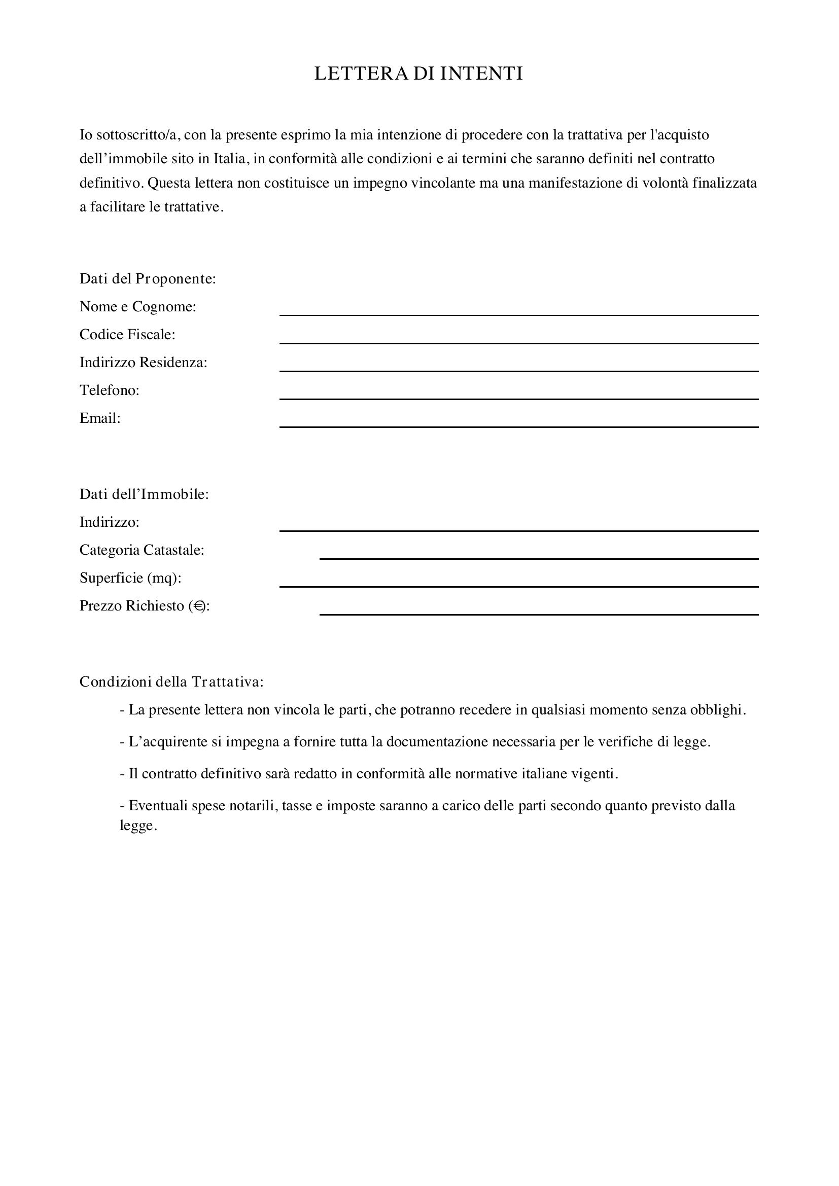 Italya Niyet Mektubu Örneği