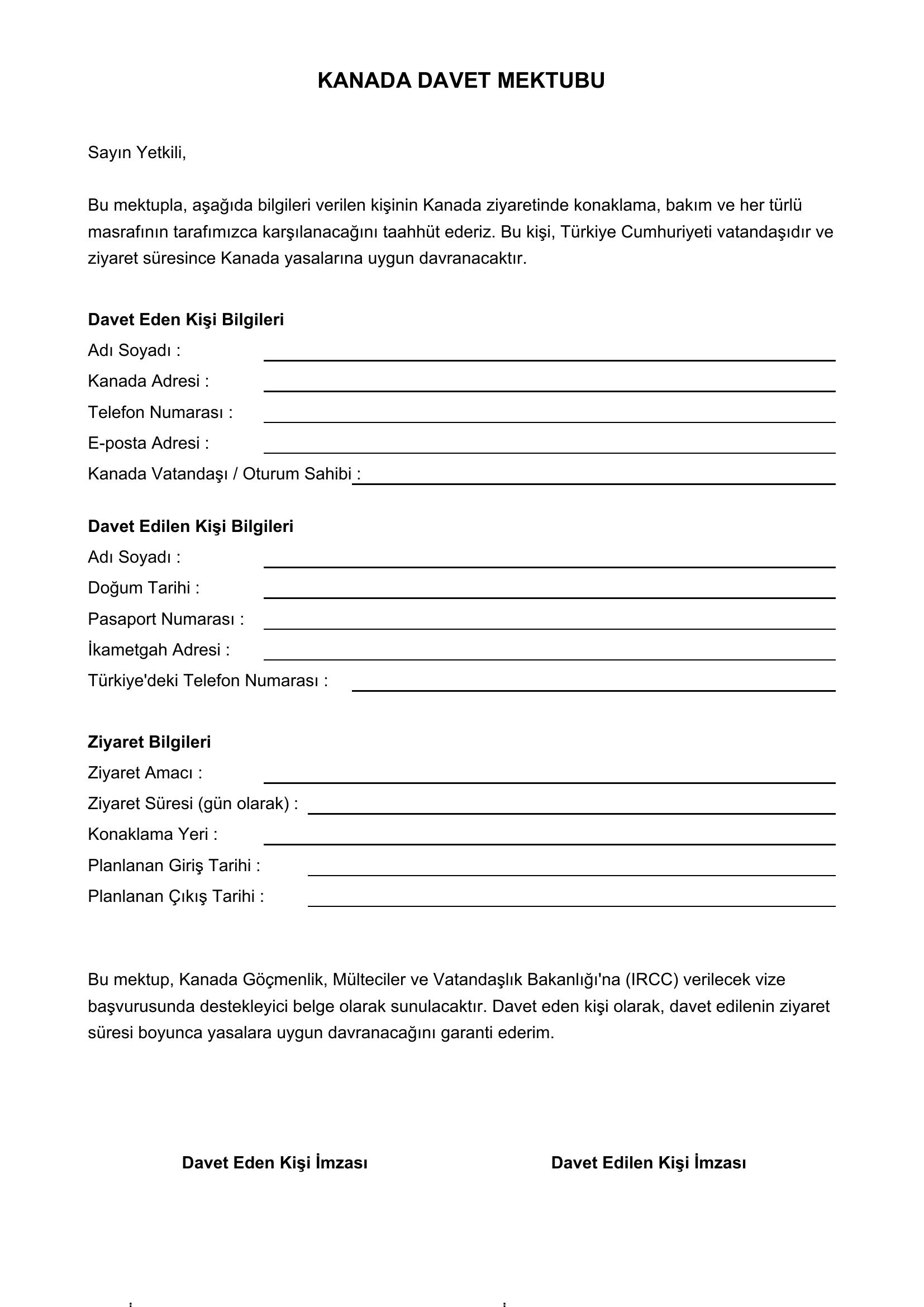 Kanada Davet Mektubu Örneği