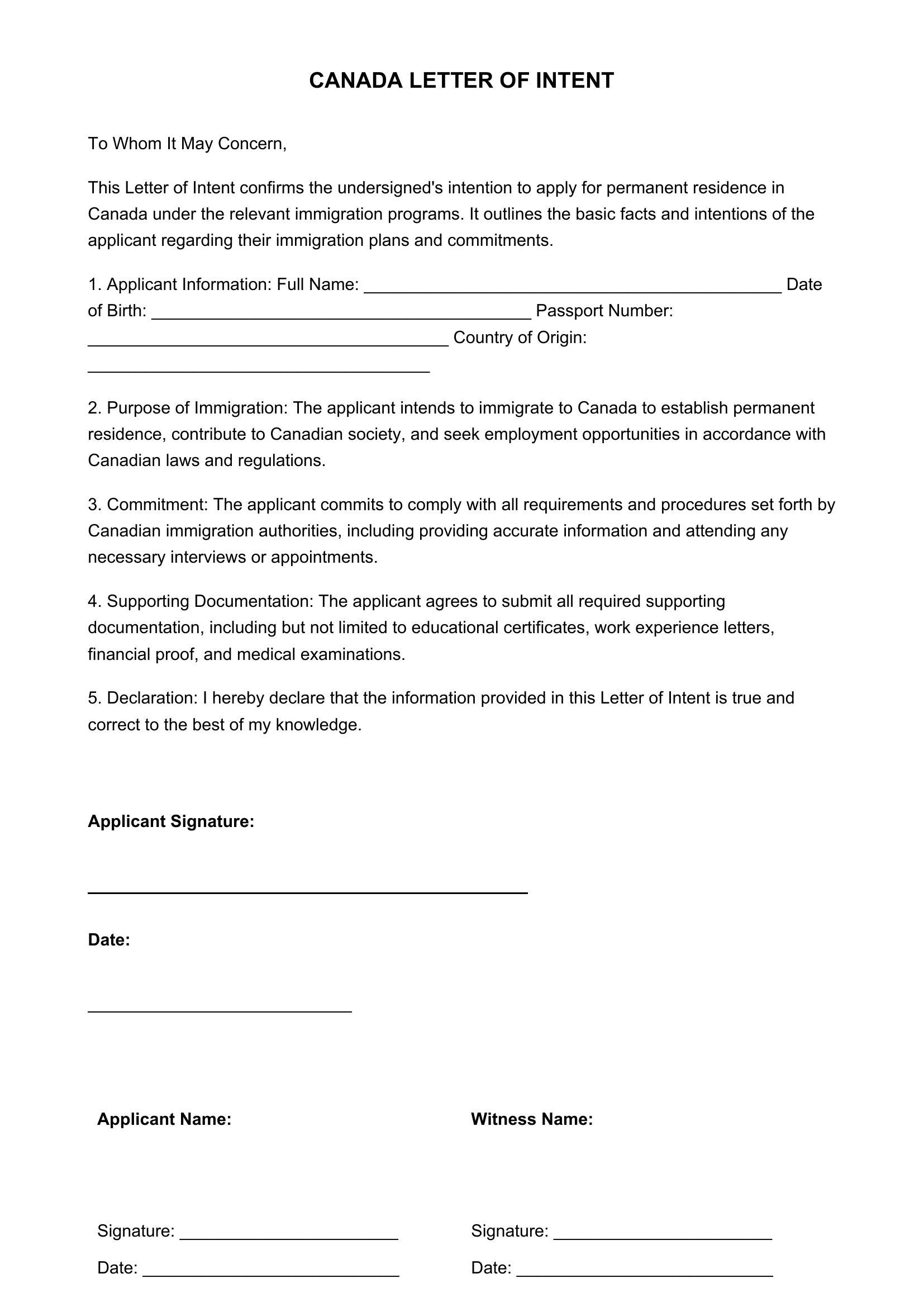 Kanada Niyet Mektubu Örneği