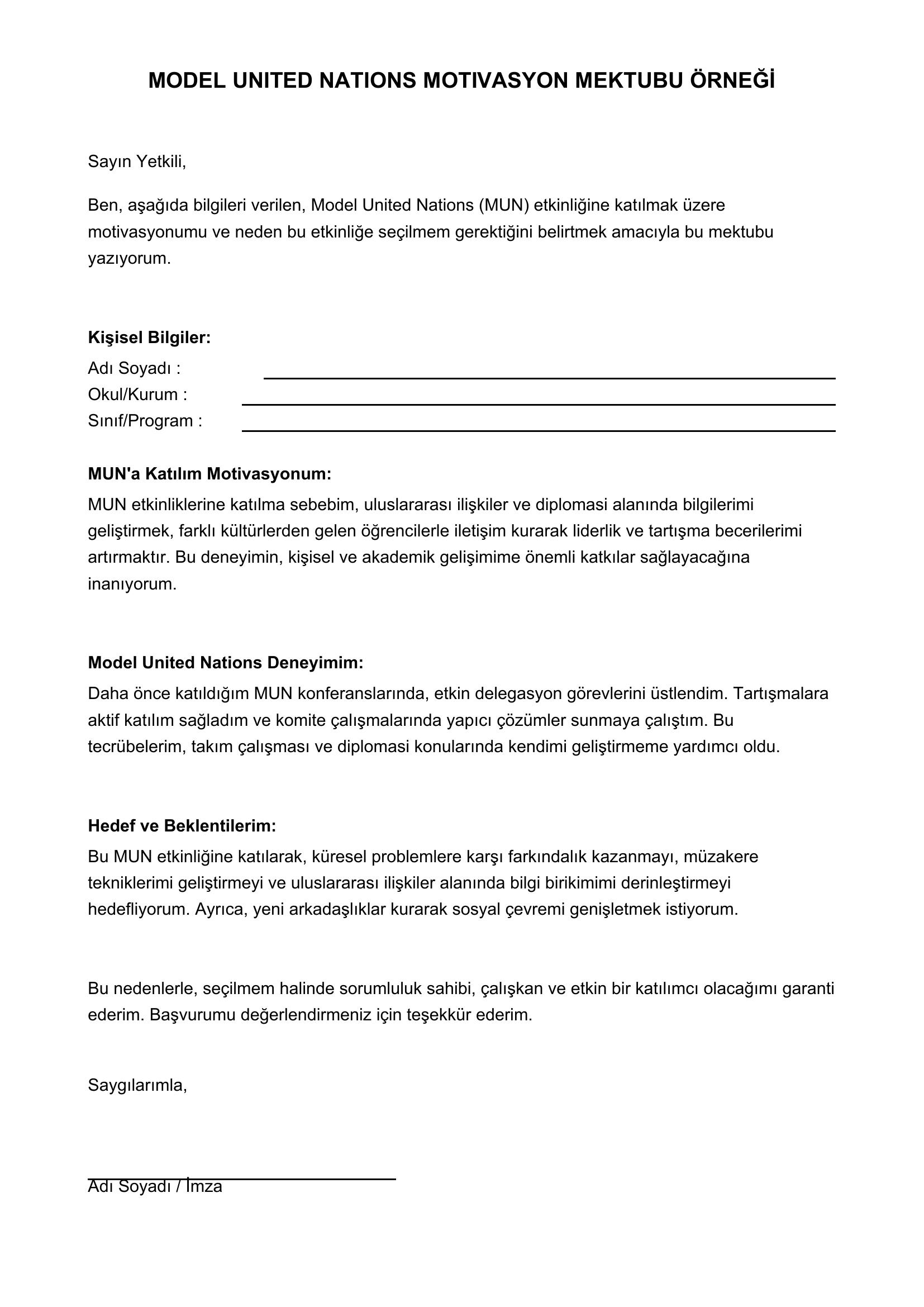 Mun Motivasyon Mektubu Örneği