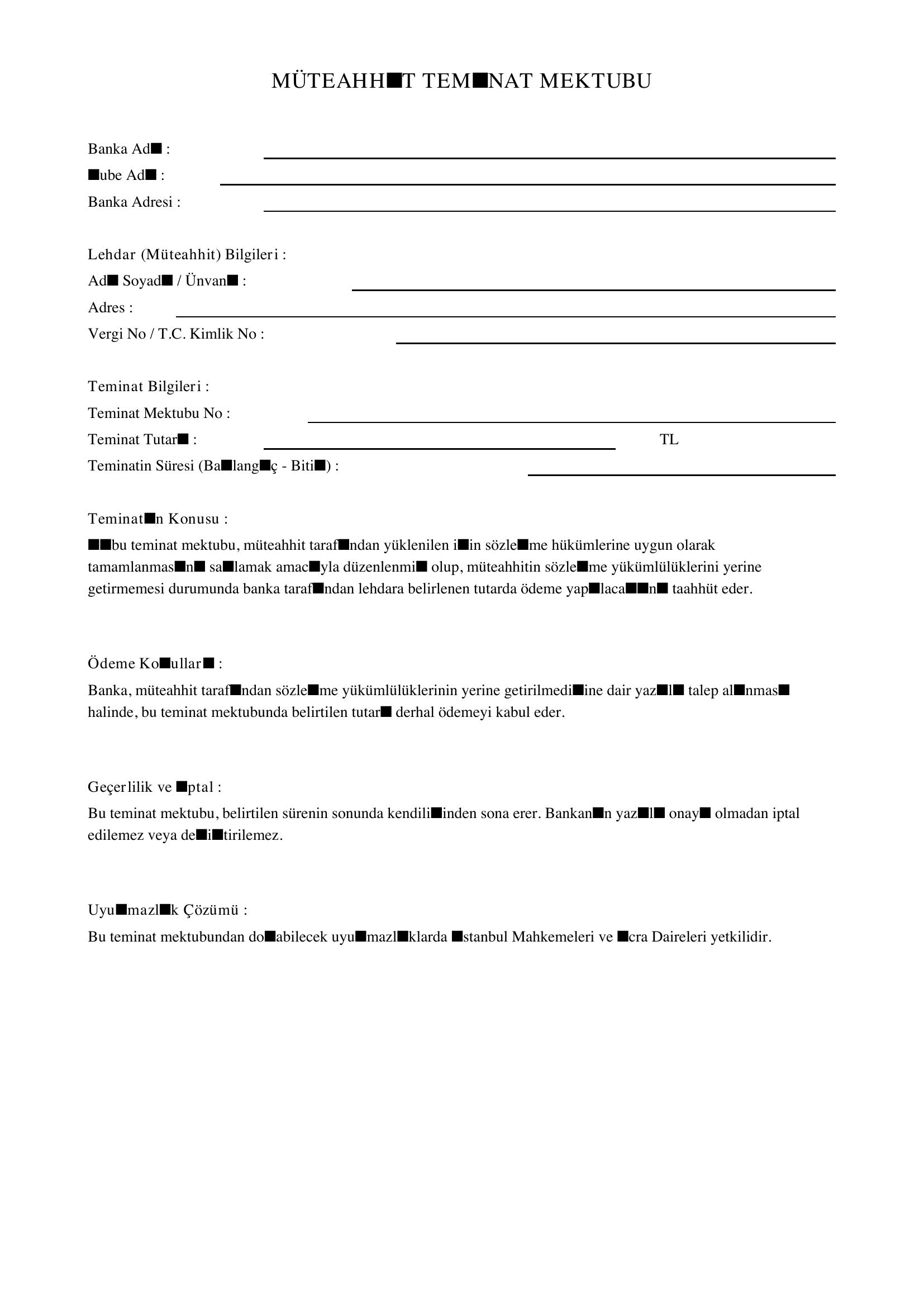 Müteahhit Teminat Mektubu Örneği