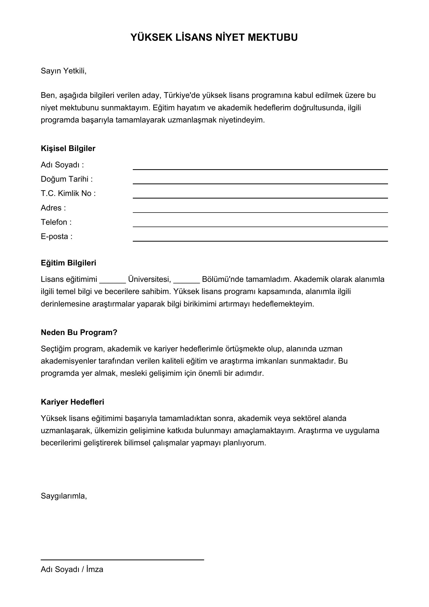 Niyet Mektubu, Yüksek Lisans Örneği