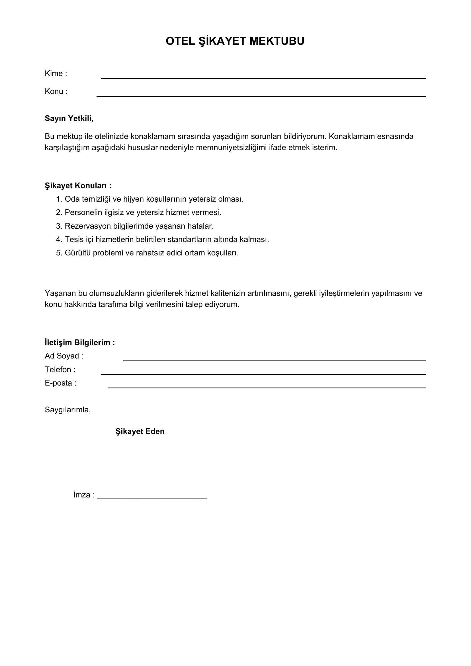 Otel Şikayet Mektubu Örneği
