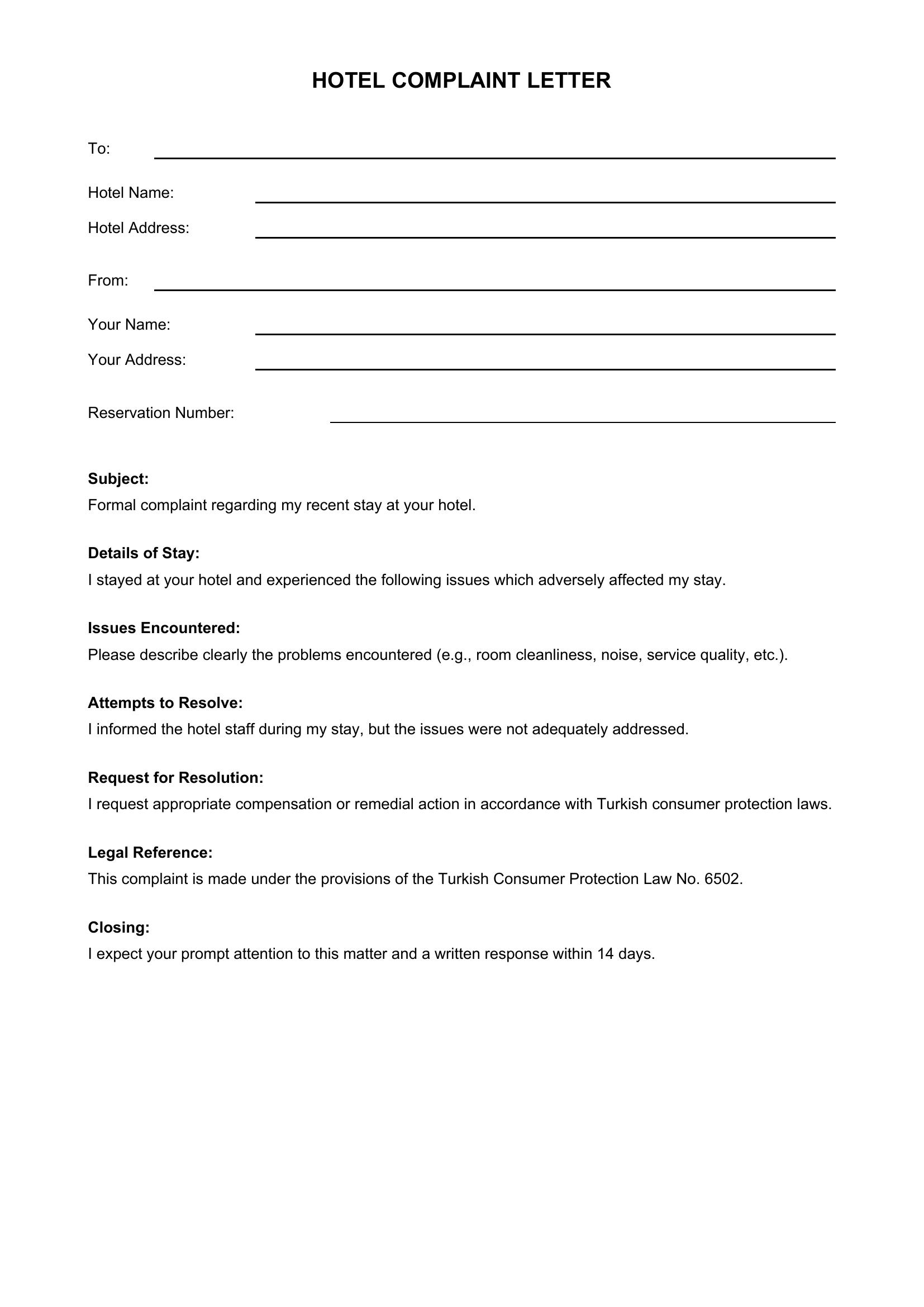 Otele Şikayet Mektubu Ingilizce