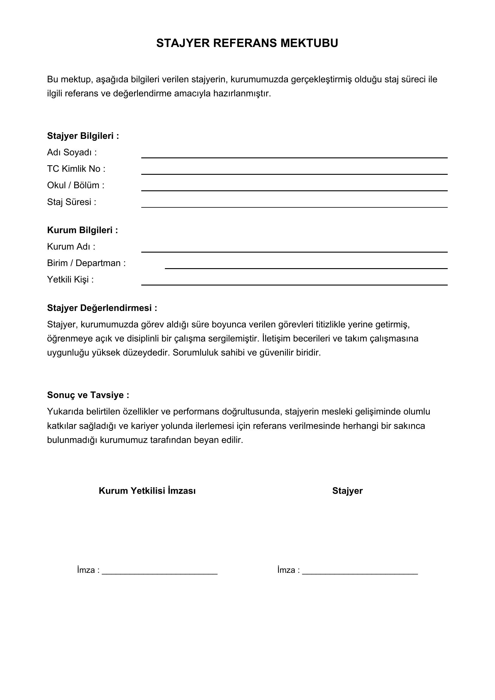 Stajyer Için Referans Mektubu Örneği