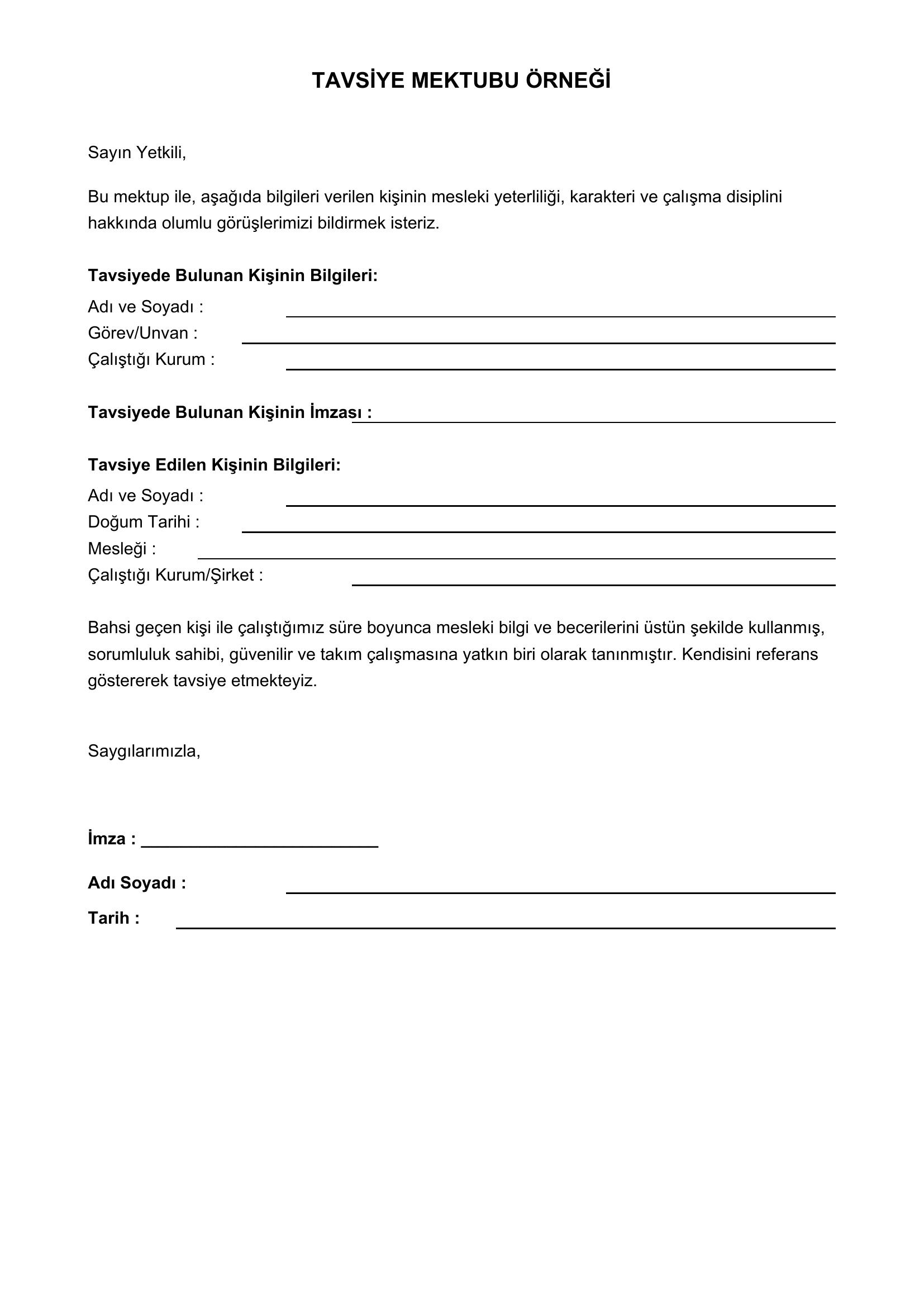 Tavsiye Mektubu Örneği