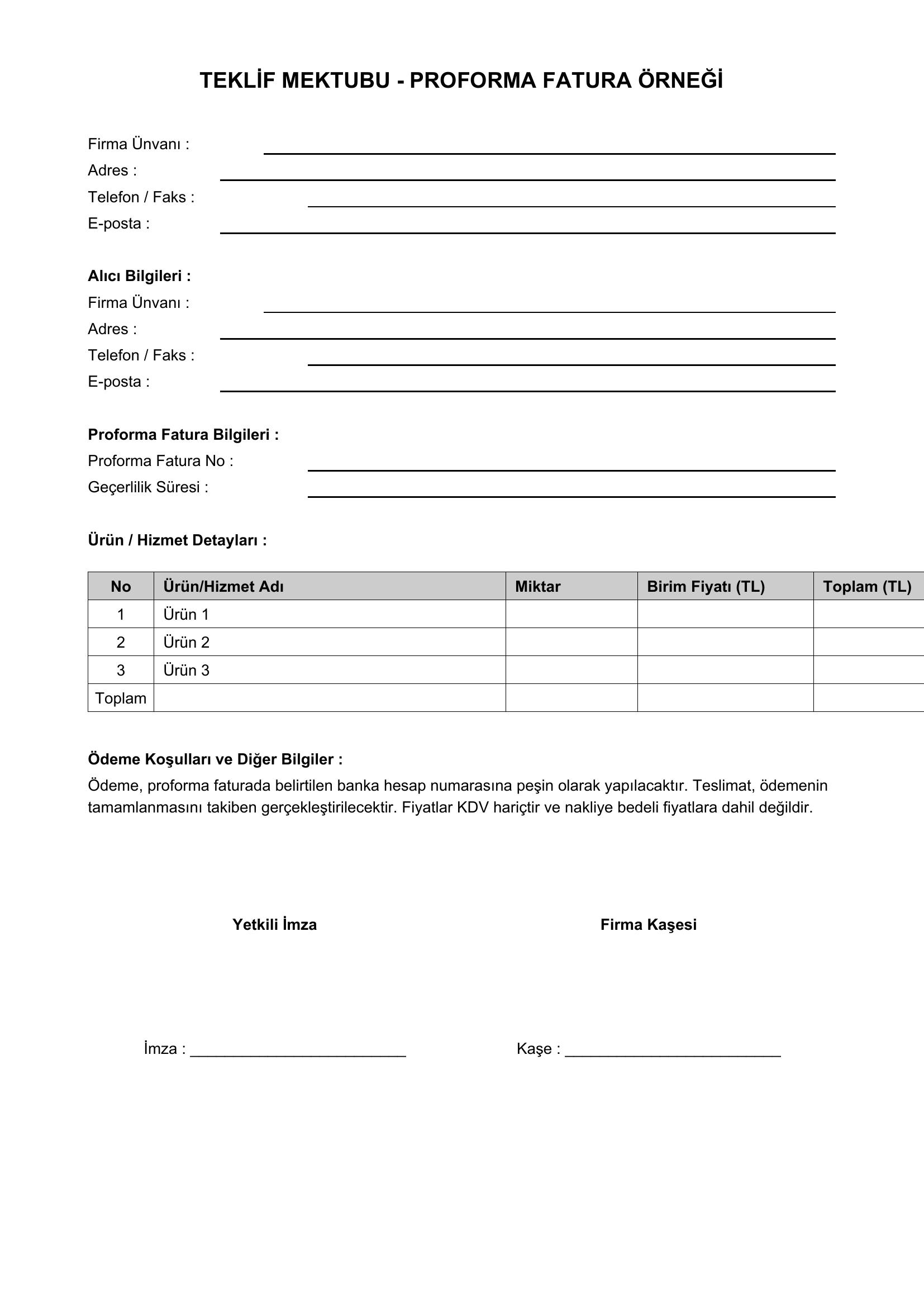 Teklif Mektubu Proforma Fatura Örneği