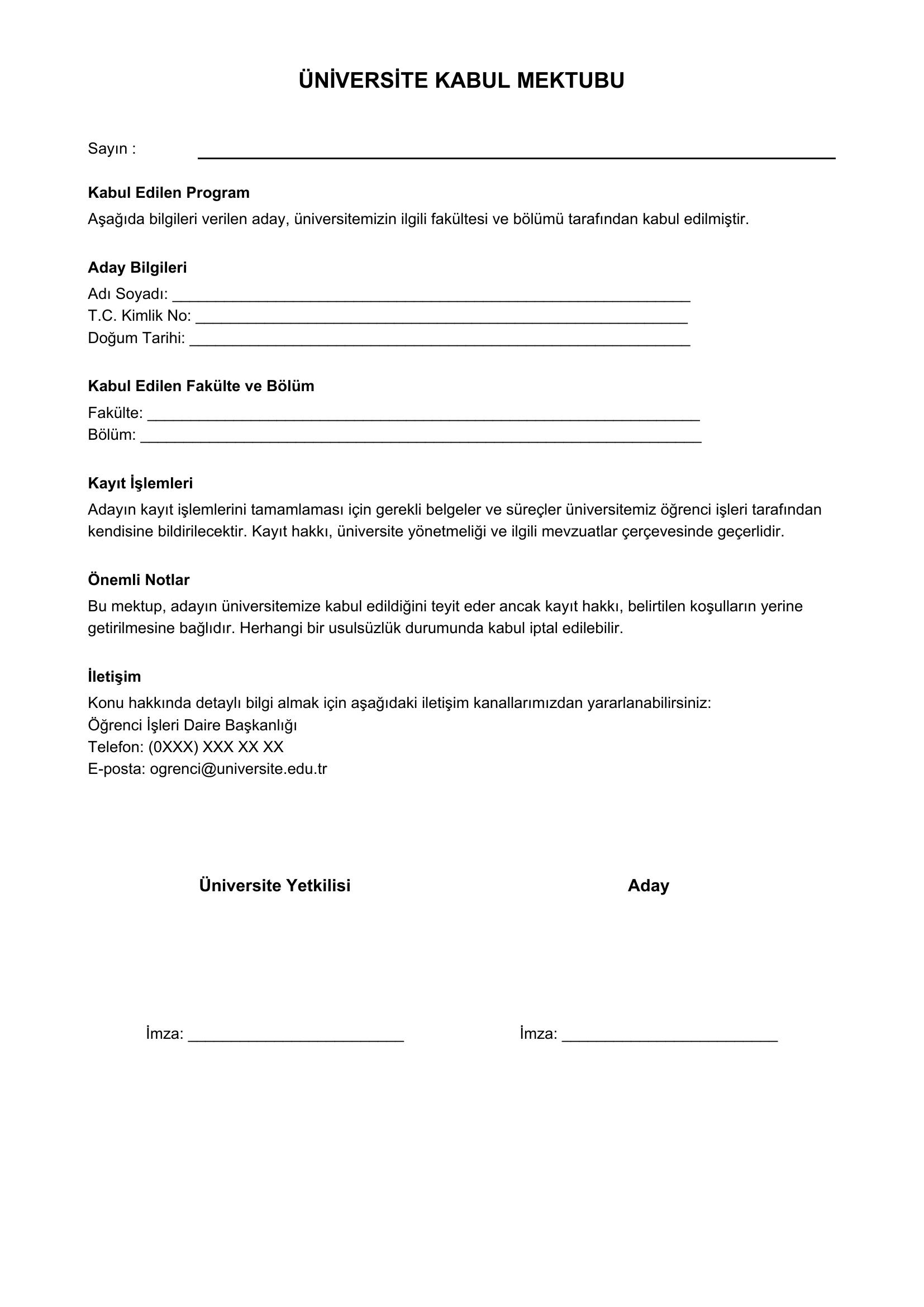 Üniversite Kabul Mektubu Örneği