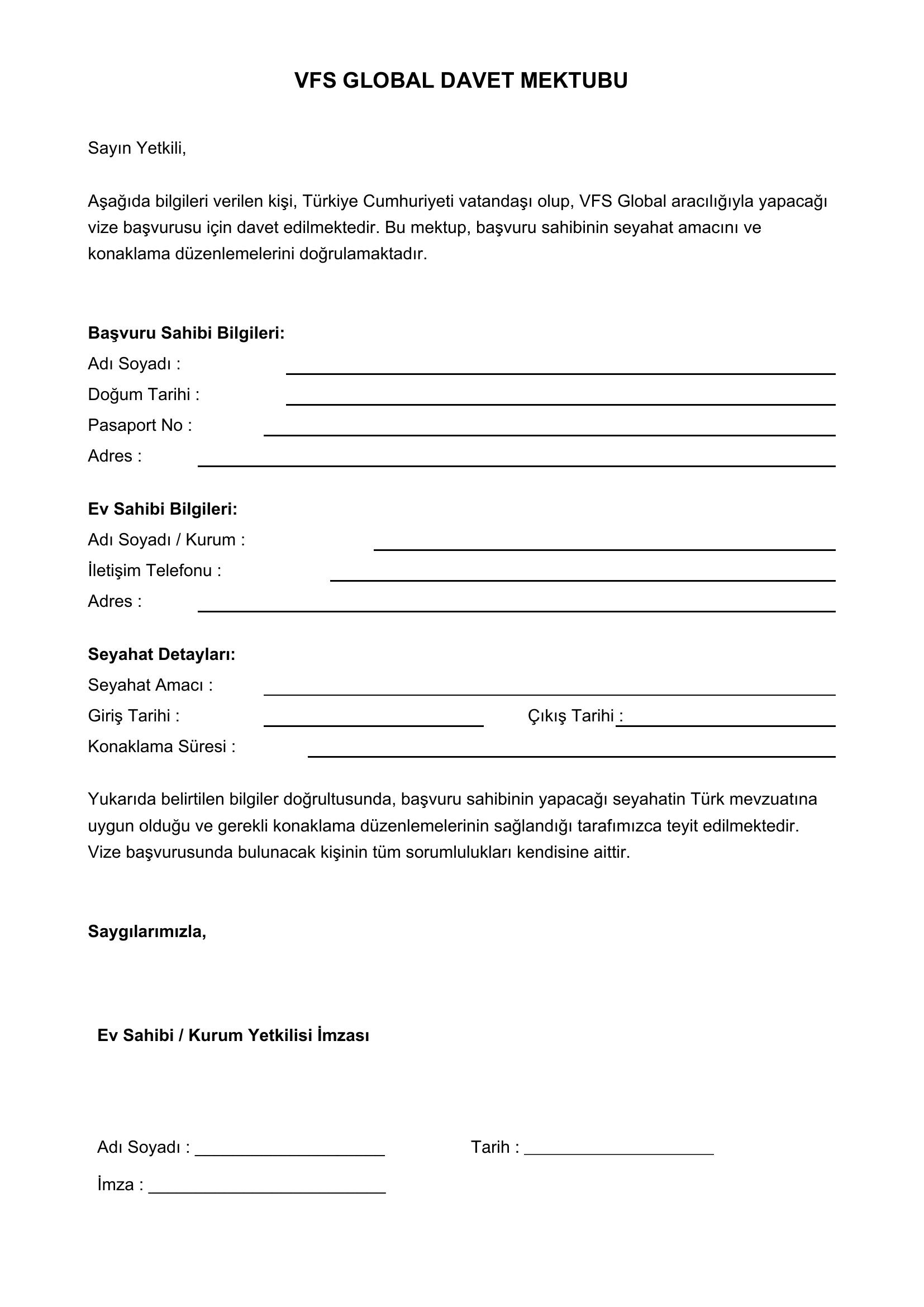 Vfs Global Davet Mektubu Örneği