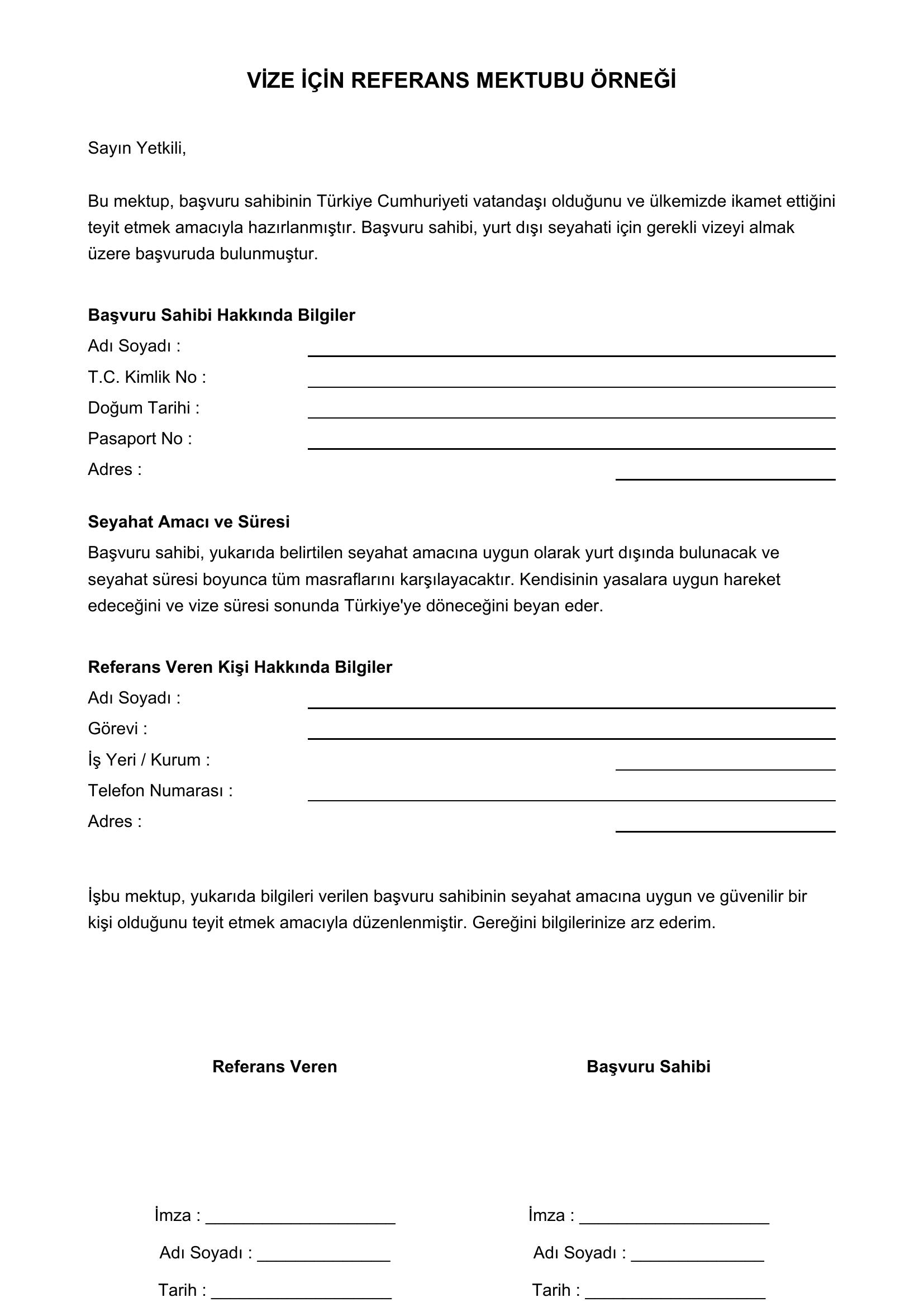 Vize Için Referans Mektubu Örneği