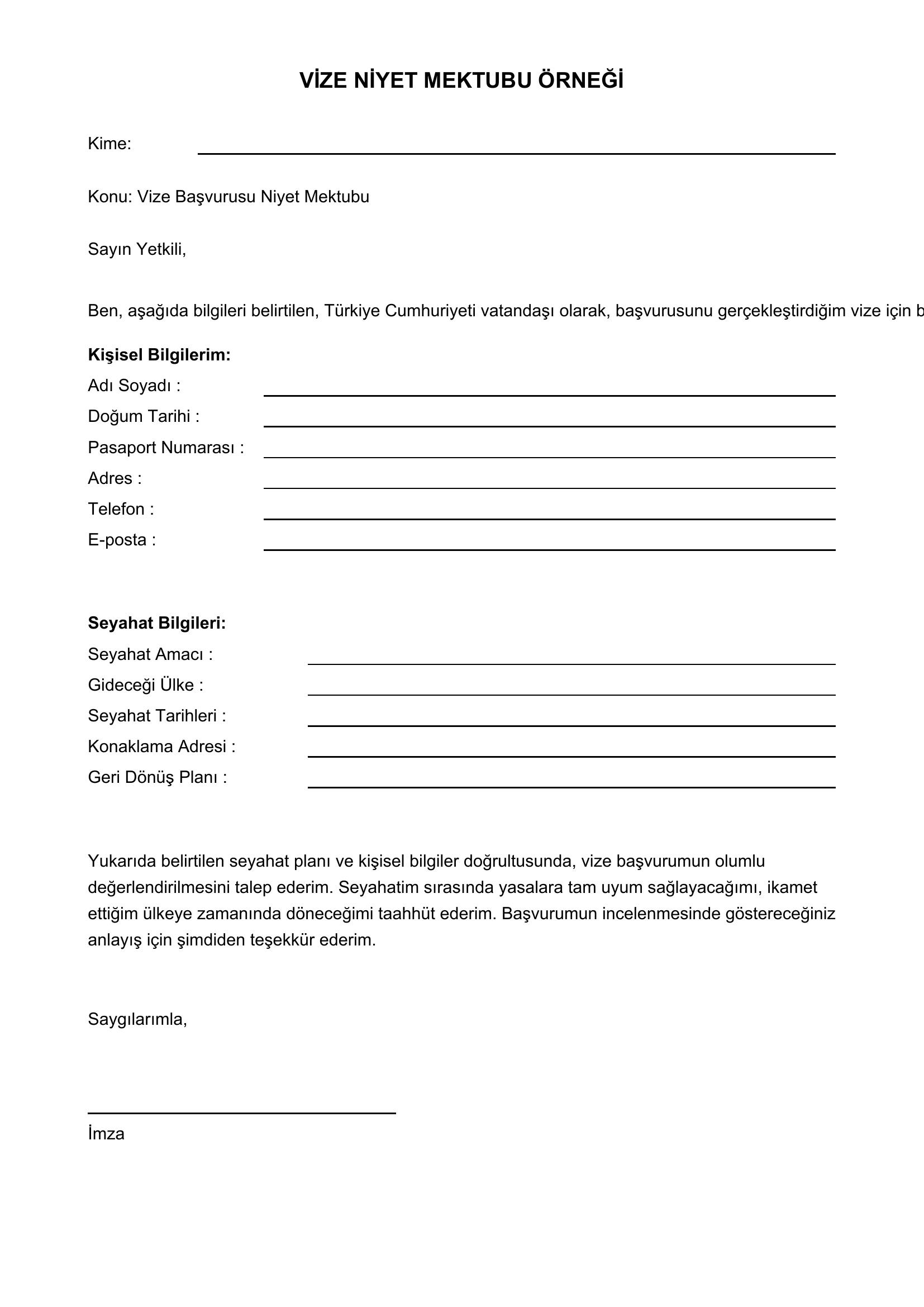 Vize Niyet Mektubu Örneği