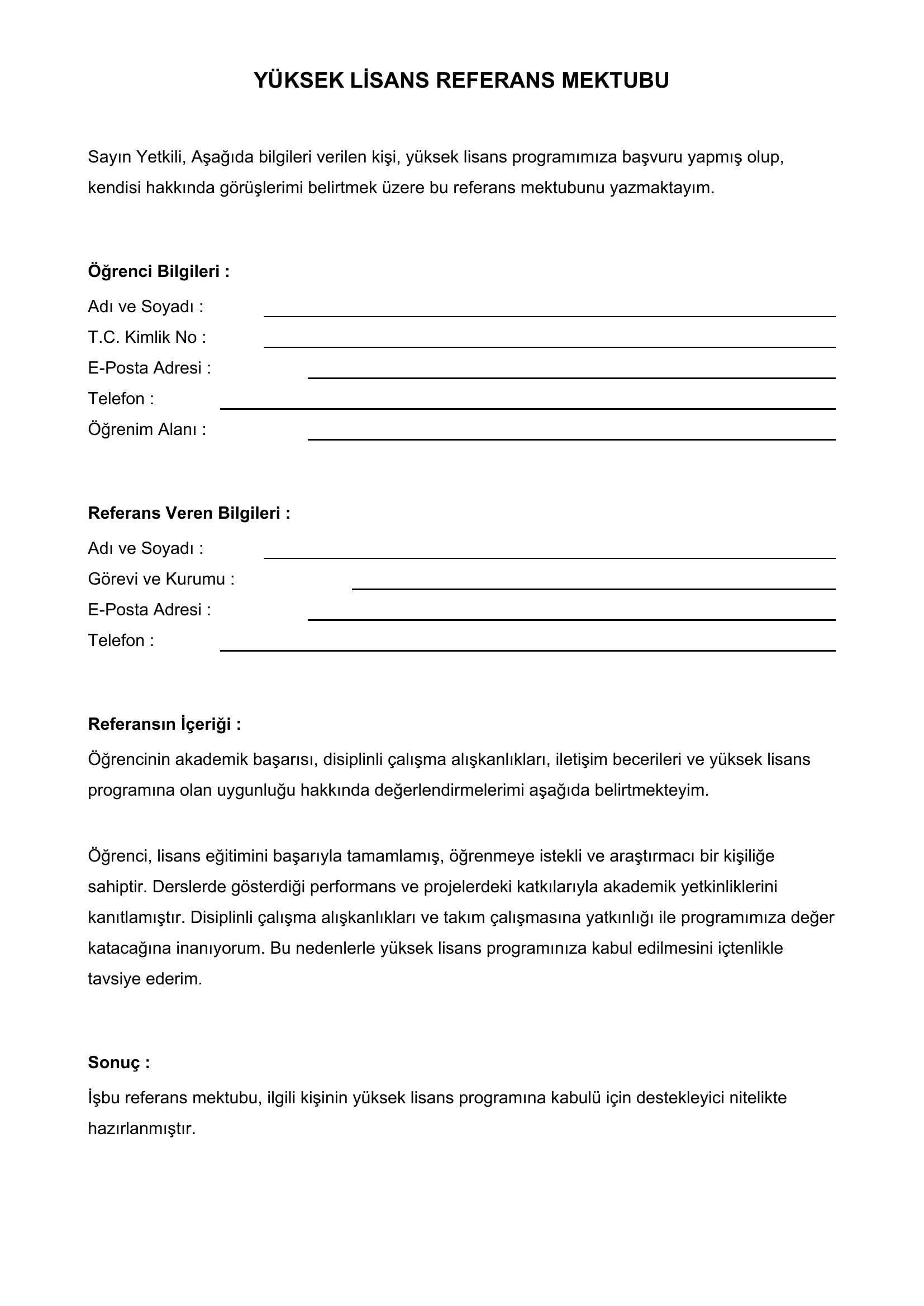 Yüksek Lisans Referans Mektubu Örneği