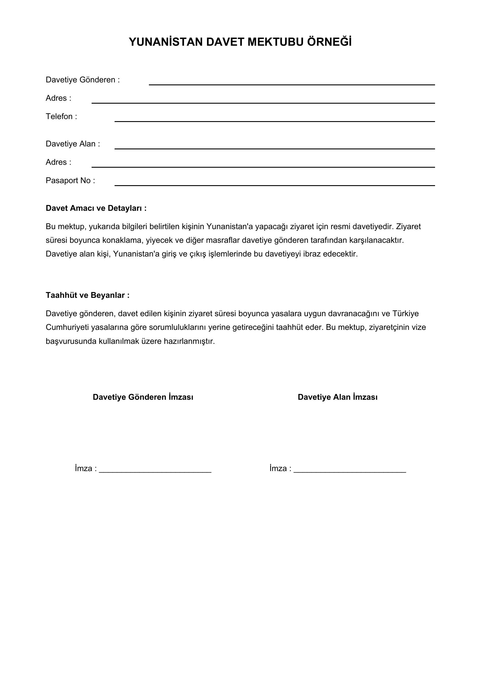 Yunanistan Davet Mektubu Örneği