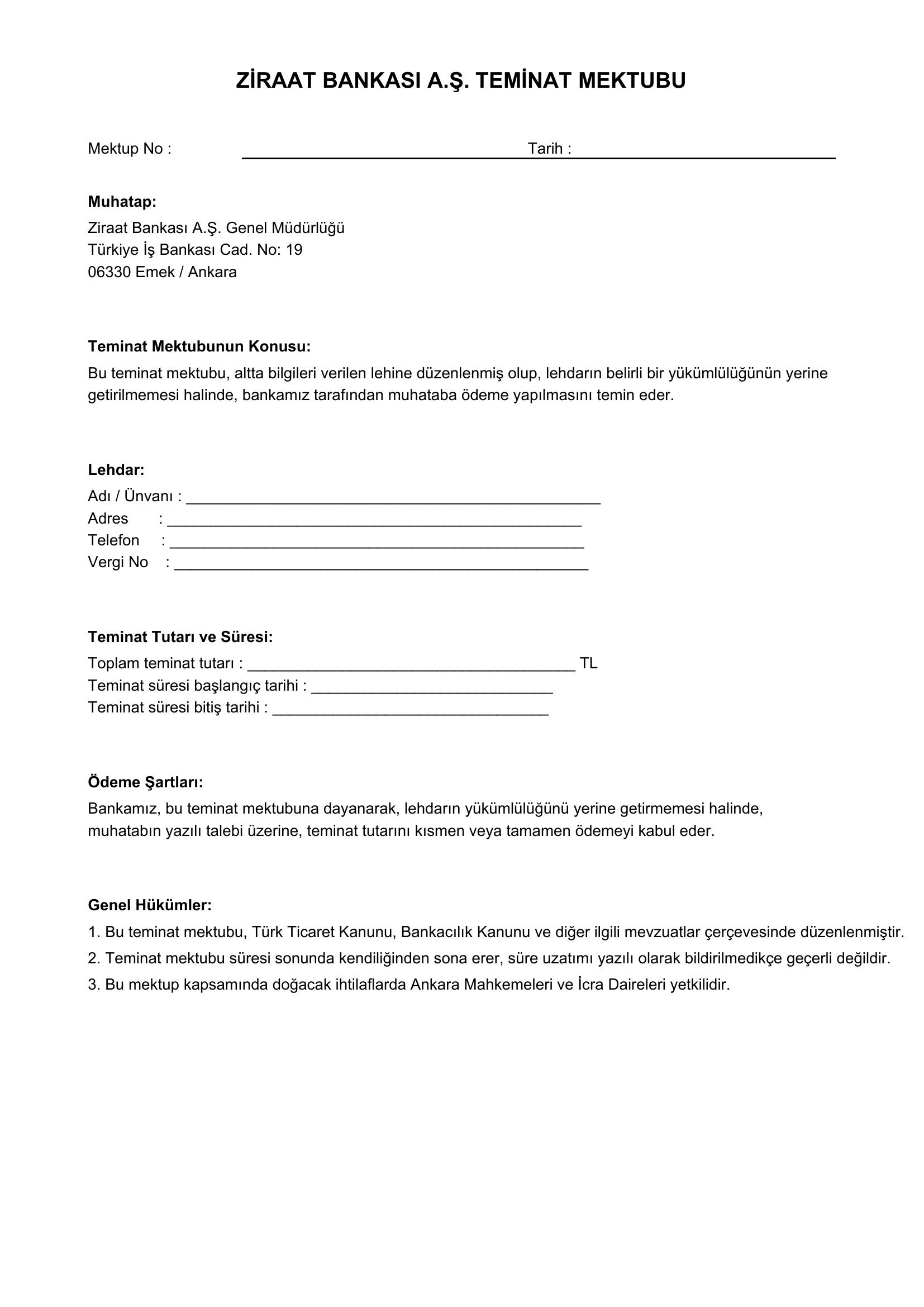 Ziraat Bankası Teminat Mektubu Örneği